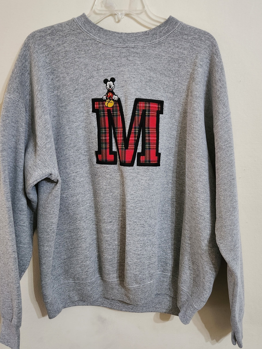 Vintage Disney Grey Crewneck Sweatshirt with Red Plaid 'M' and Mickey Accent